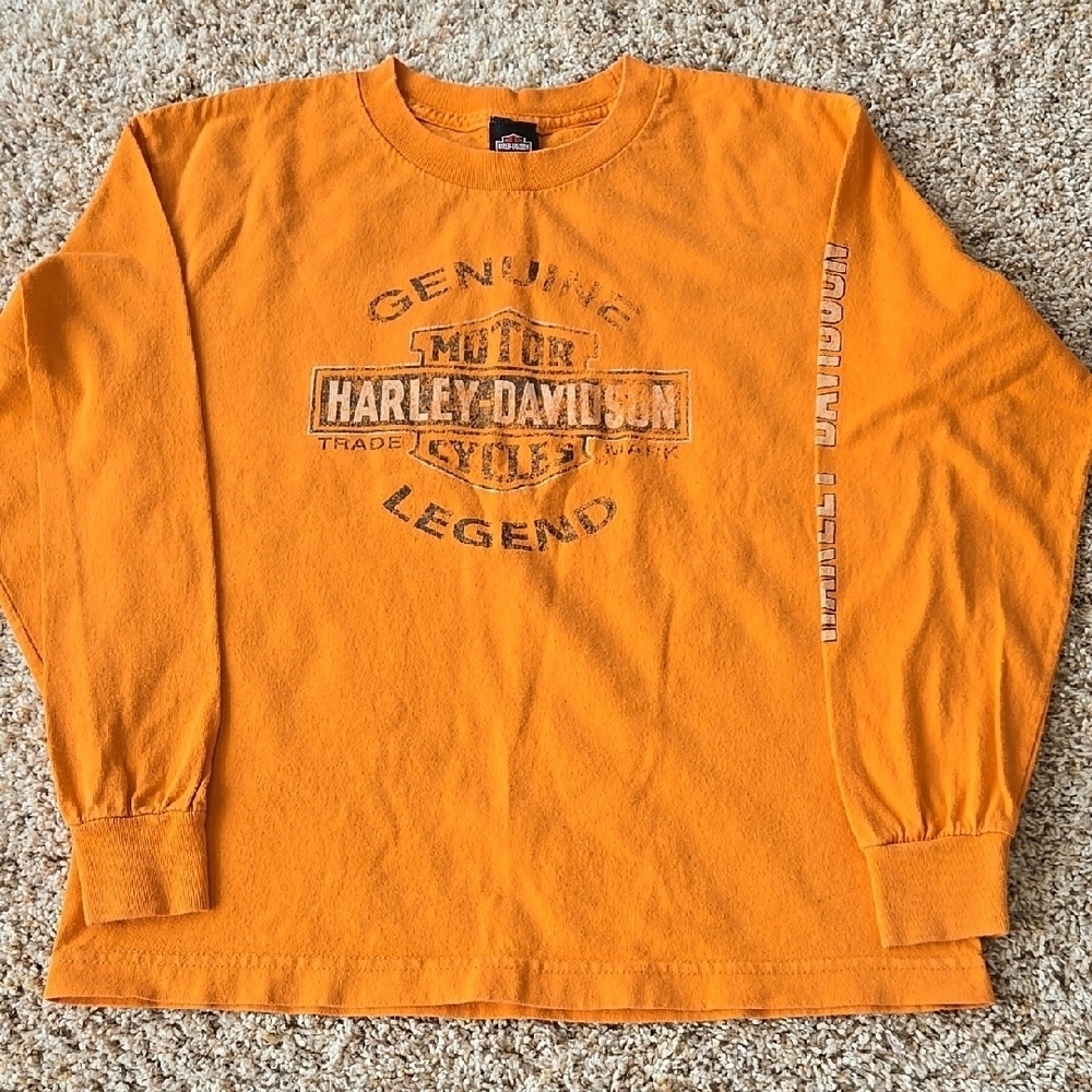 Harley-Davidson Orange Long Sleeve Tee with Bold Graphic, Lg (Guess-missing Tag)